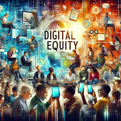 AI generated image containing a diversity of people engaging with digital devices, text title says "Digital Equity."