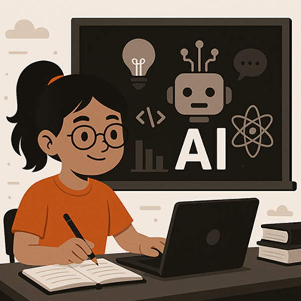A young, female student sitting at a computer with a pencil and notebook. A black board in the background has the letters AI and technology graphics.